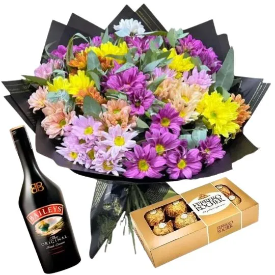 Ramo de flores margaritas rocher x8 y baileys 